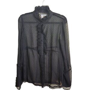 Joseph Ribkoff Vintage Sheer 100% Silk Black Swiss Dot Ruffled Blouse Size L*